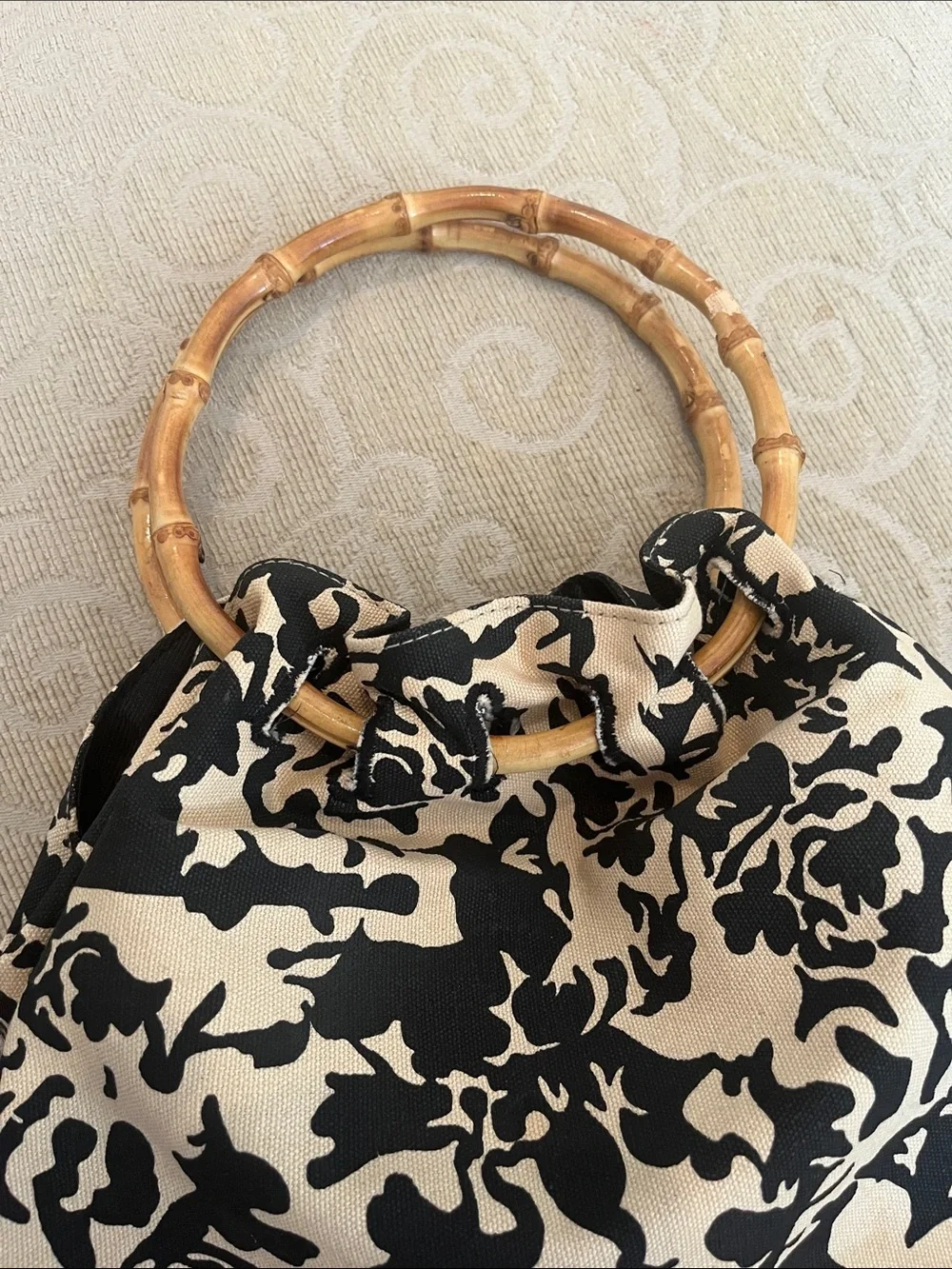 Black and Cream Floral Bamboo-Handle Tote Bag/Purse 100% Cotton